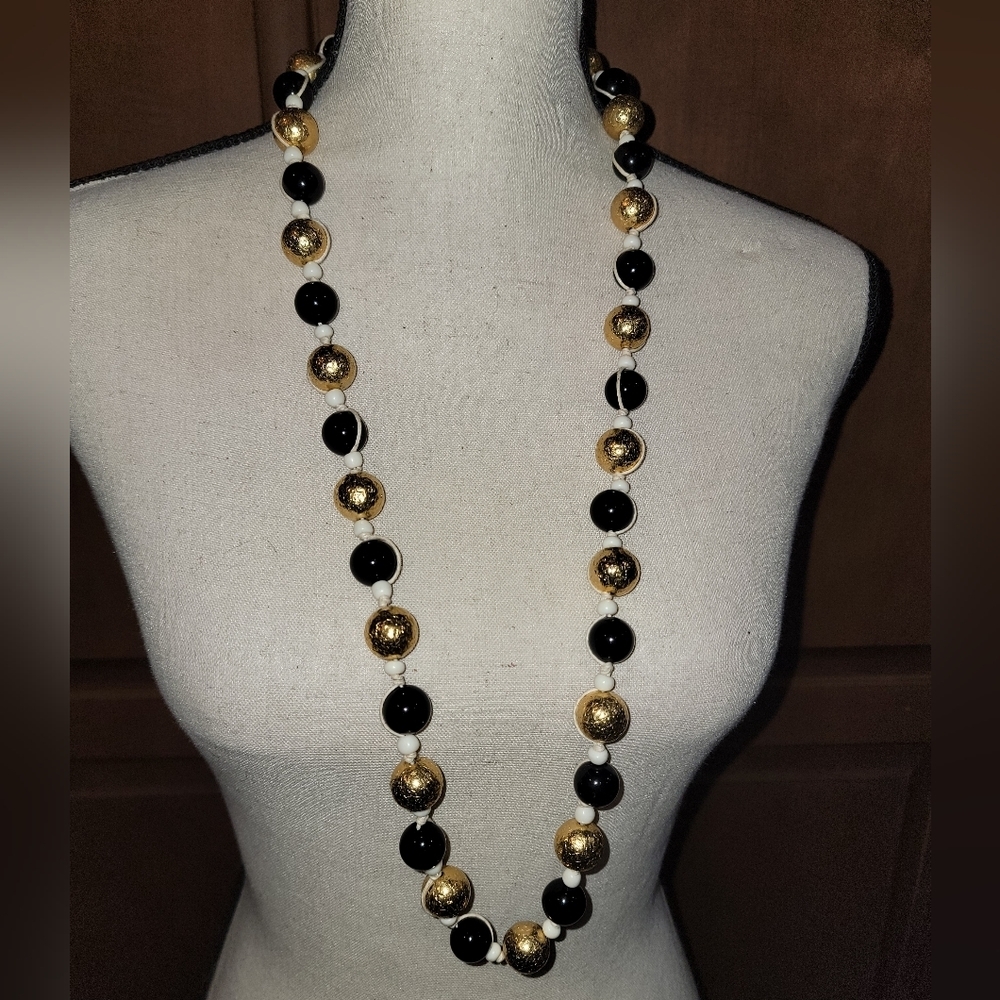 Vintage Monet 36” Black Bead Gold Tone Long Station Necklace Signed